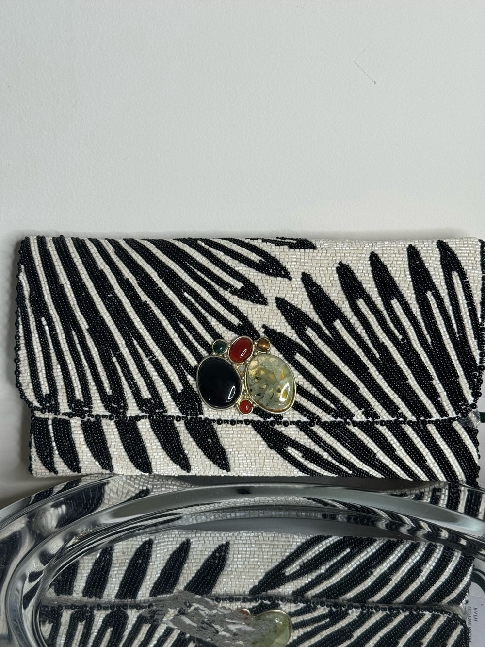 Mary Frances White and Black Beaded Gemstone Embellished Evening Bag Clutch NWT
